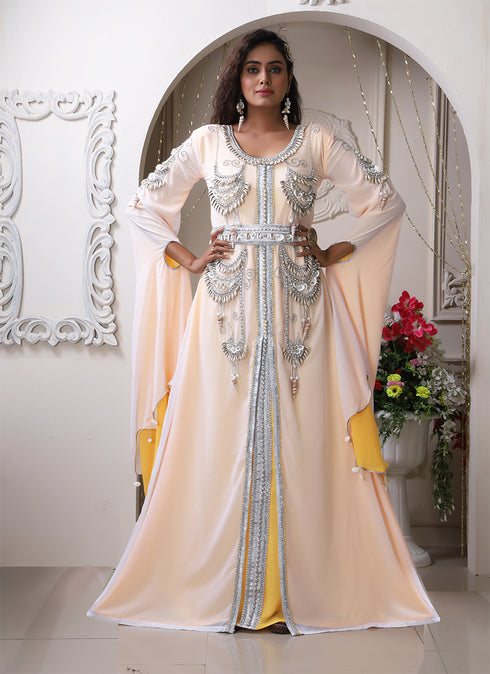 Women white designer wedding hand beaded shell work special events kaftan