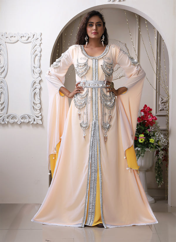 Women white designer wedding hand beaded shell work special events kaftan