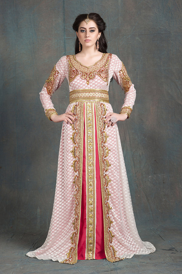 Off white and pink moroccan party wear golden handwork kaftan