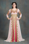 Off white and pink moroccan party wear golden handwork kaftan