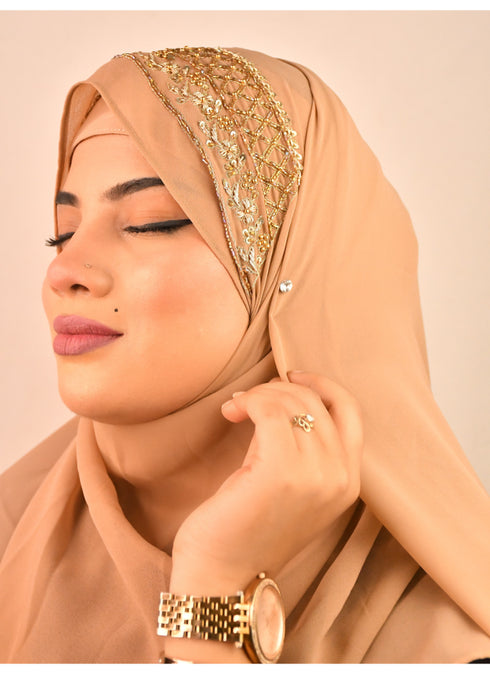 beige bridal hijab with handwork