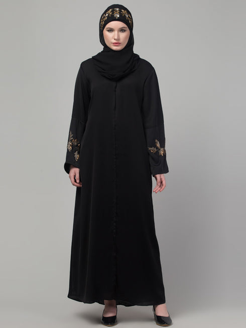 Black shine nida abaya with hand embroidery sleeve and hijab