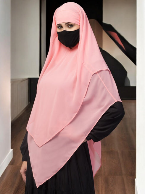 Pink multi layered triangular instant hijabkhimar in georgette