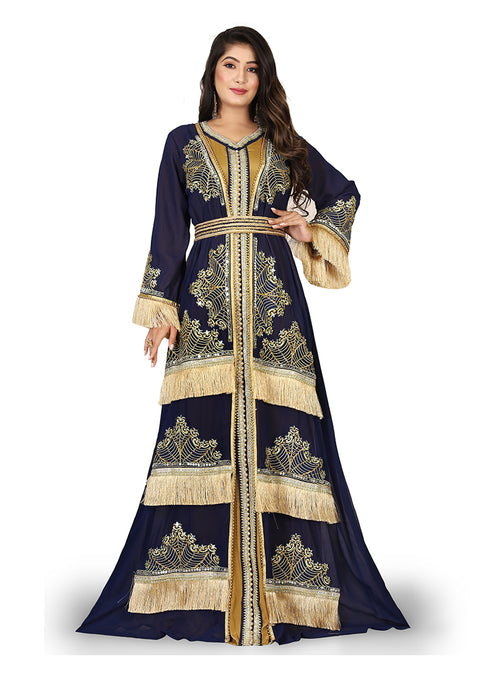 Dark blue israeli designer moroccan kaftan islamic embroidery party wear wedding kaftan