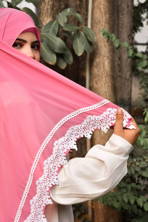 Pink Georgette Chiffon Lace Hijab