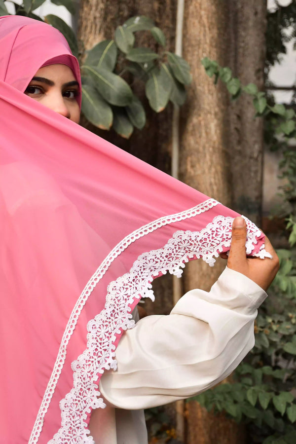 Pink Georgette Chiffon Lace Hijab