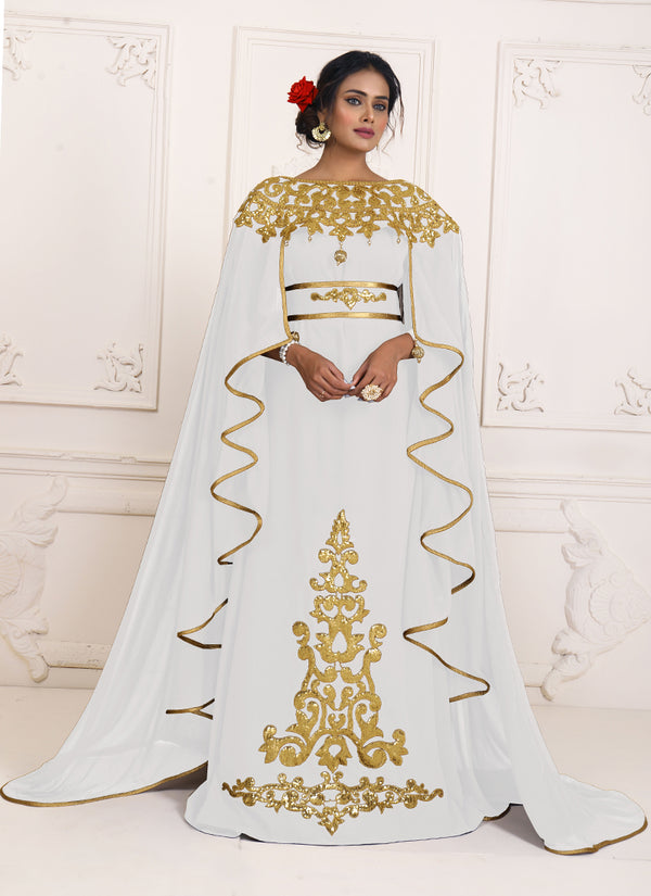 White and Gold Georgette Resham Embroidered Kaftan