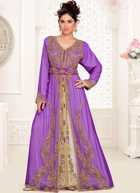 Purple embroidered georgette islamic kaftans With Sun-proof hijab.