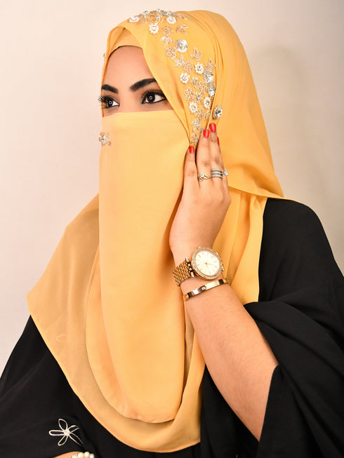 Golden luxury bridal wedding wear hijab scarf with handwork naqab