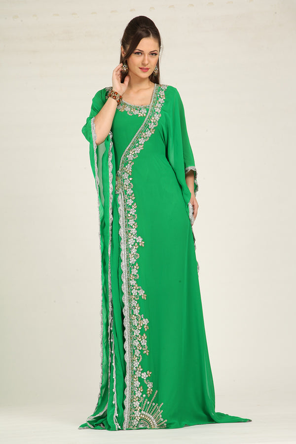 Parrot green designer islamic hand beaded takchita kaftan