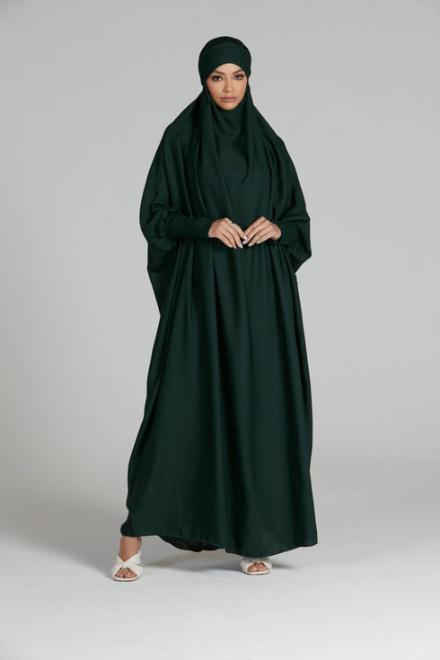 Green one piece jilbab in firdaus with smocky sleeves and attached mouthpiece