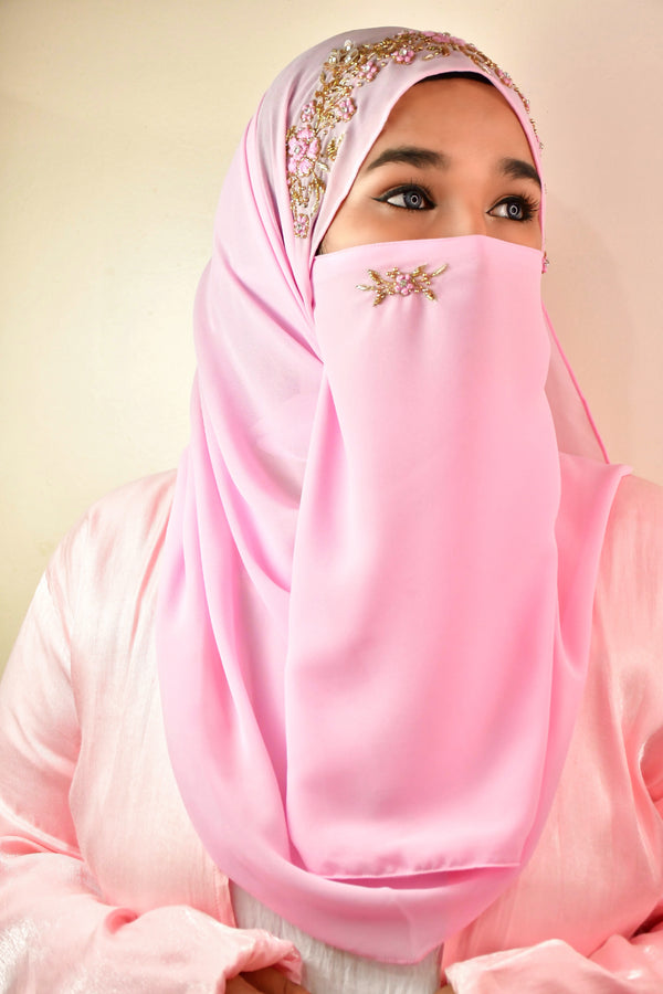 Baby Pink Georgette Golden Beads Embroidered Hijab