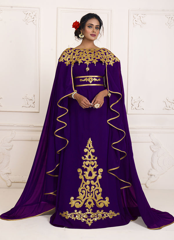 Purple Georgette Gold Resham Zari Embroidered Kaftan for Royal Parties
