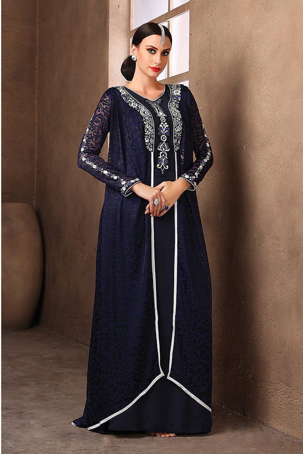 Exquisite dark blue party wear thread work style dress
