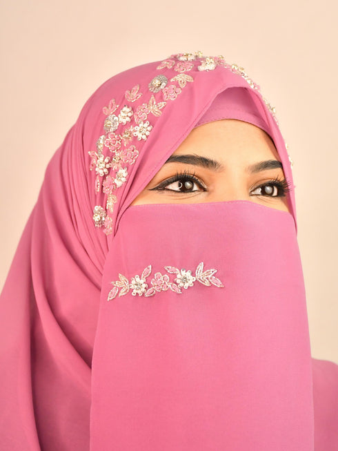 Purple luxury bridal wedding wear hijab scarf with handwork naqab