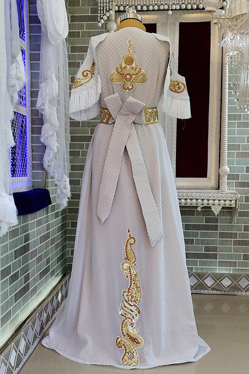 Grand White Moroccan Wedding Kaftan Gown with Heavy Gold Zari Work | Luxury Bridal Dress