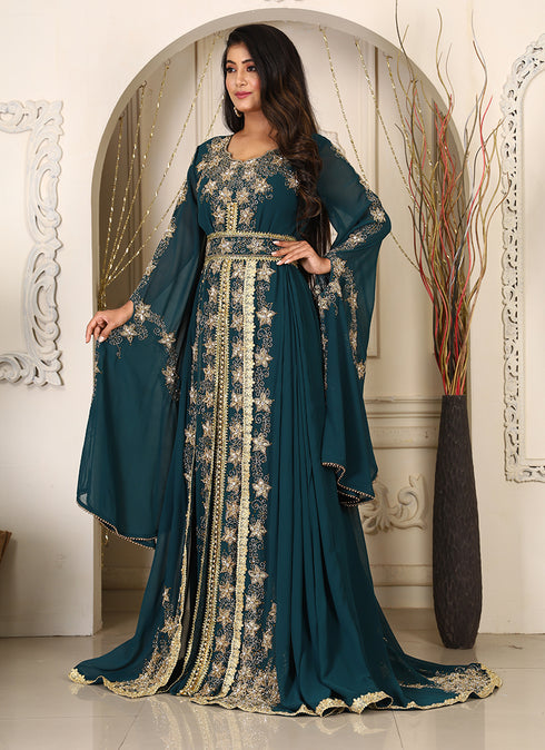 Bottle green islamic wedding designer arabic maxi hand beaded dubai ladies long sleeve moroccan arabic party wear kaftan