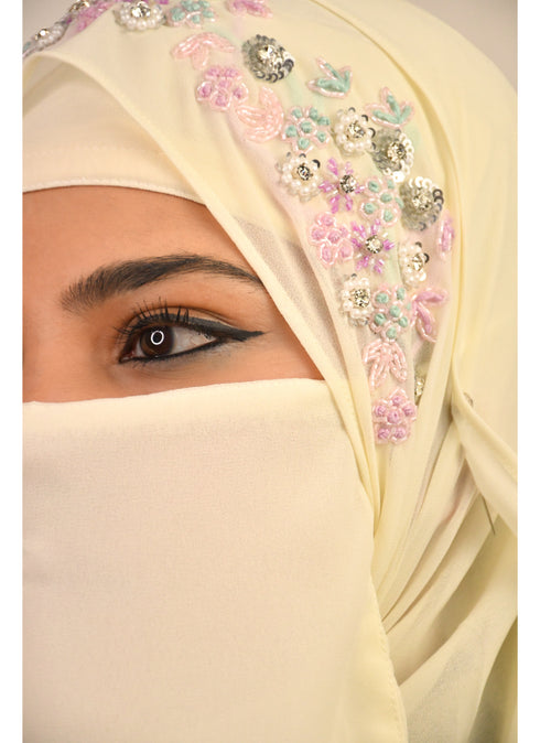 Cream luxury bridal wedding wear hijab scarf with handwork naqab
