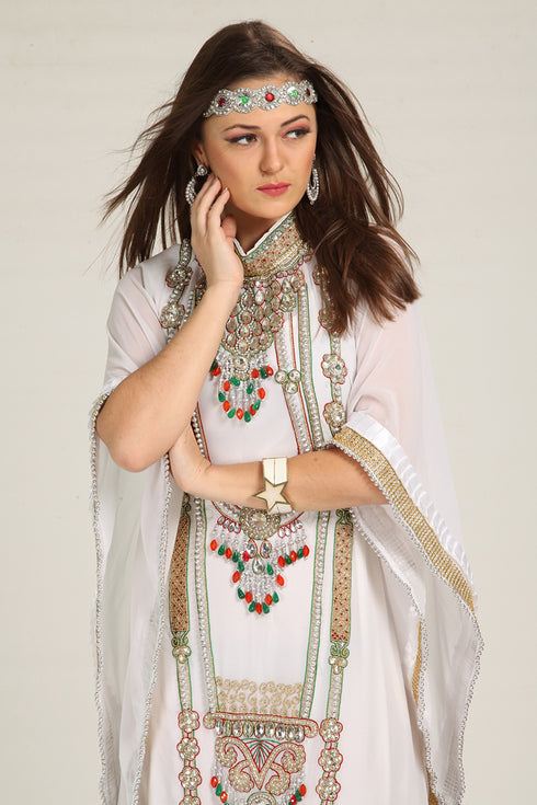 White designer islamic hand beaded takchita kaftan