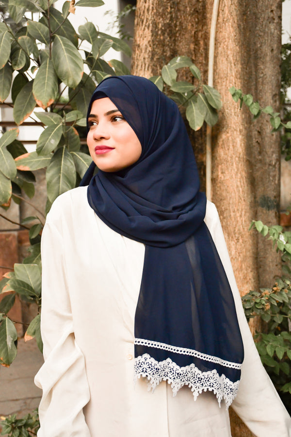 Navy Blue Georgette Hijab with Lace