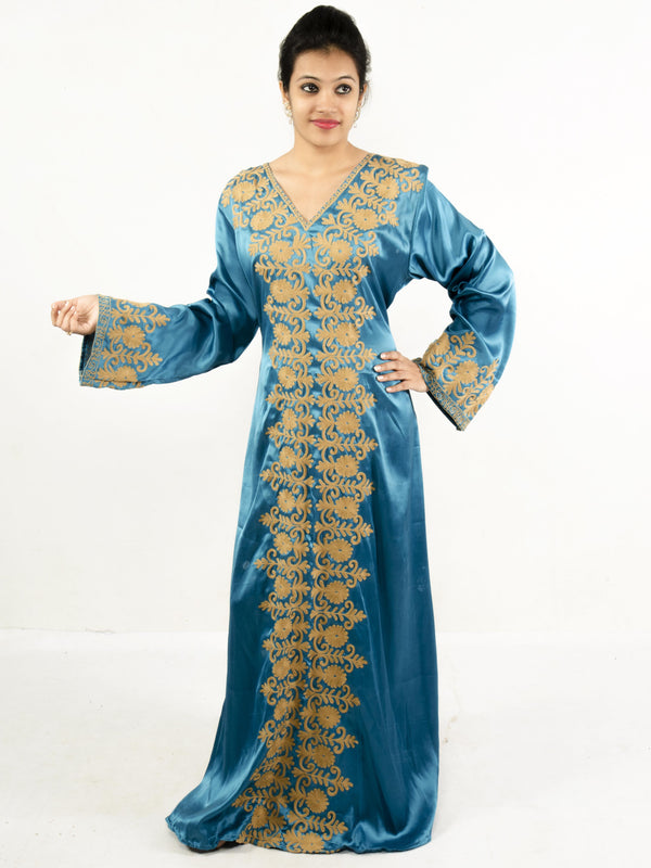 Teal blue embroidered satin islamic kaftan