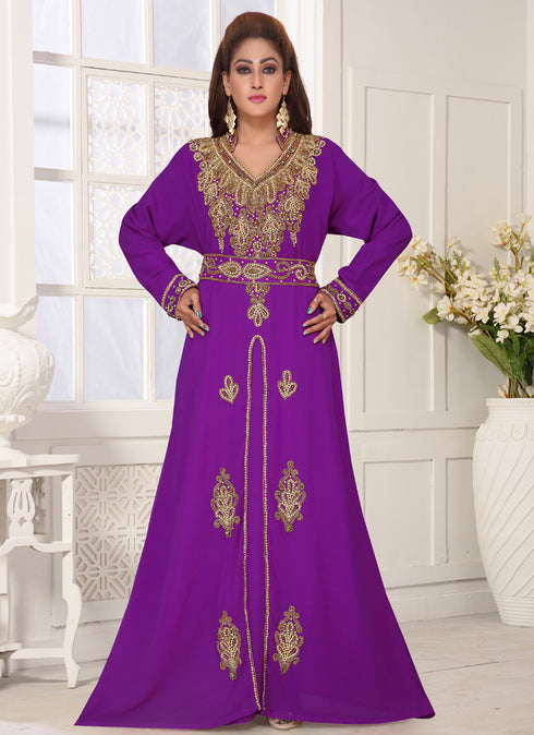 Purple embroidered georgette islamic-kaftans with hijab