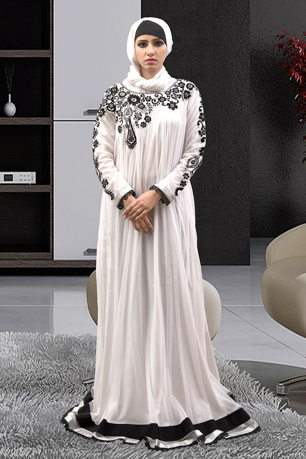 Long party wear full sleeve white abaya