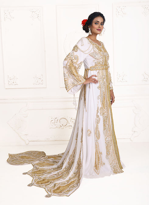 White unique wedding hand beaded long sleeve maxi arabic moroccan takchita kaftan