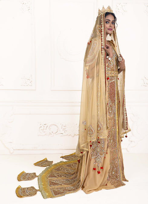 Beige Georgette Sequin and Stonework Kaftan