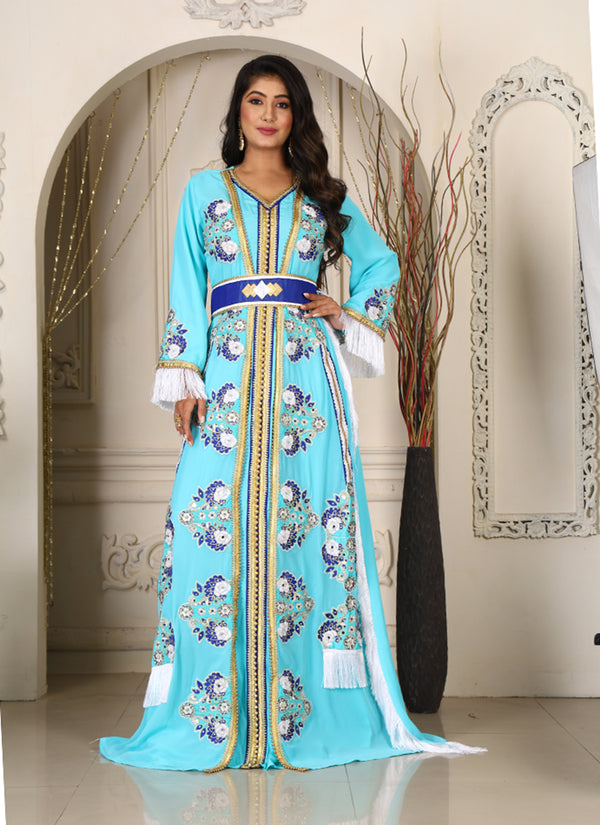 Mint green islamic designer kaftan israeli embroidery takchita party wear wedding kaftan