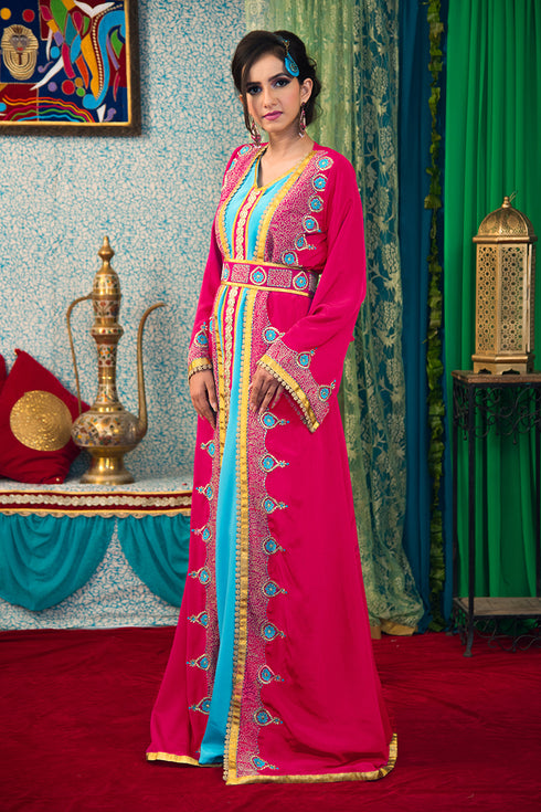 Pink and aqua blue takchita kaftan