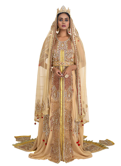 Beige Georgette Sequin and Stonework Kaftan