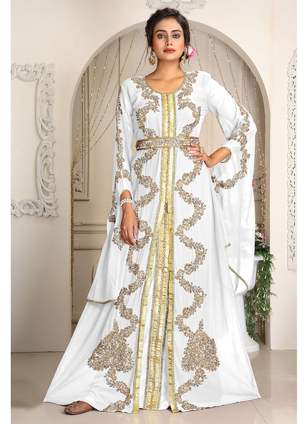 White designer hand beaded moroccan party wedding kaftan