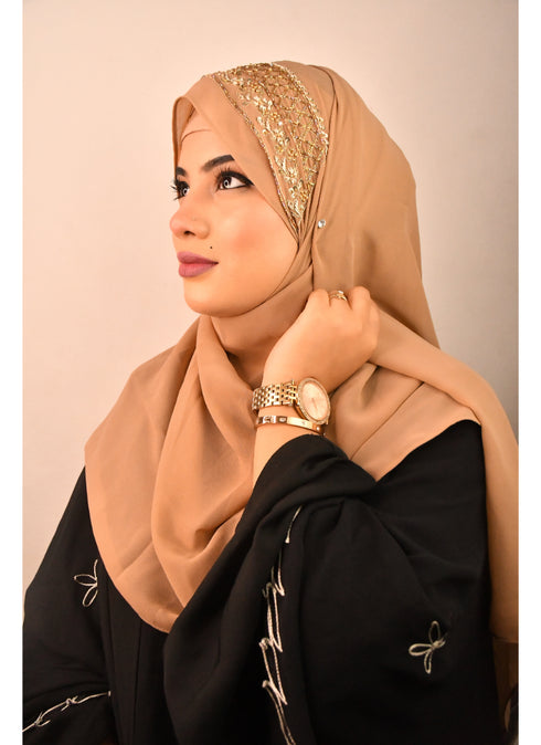 beige bridal hijab with handwork
