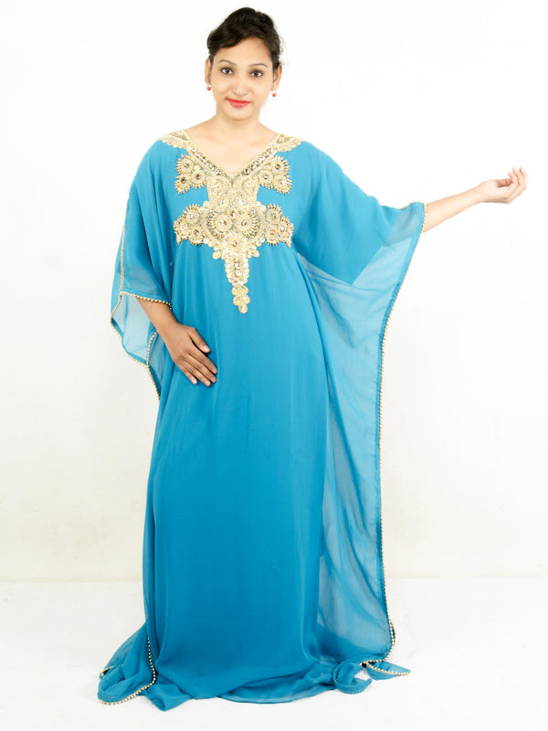 Teal blue embroidered georgette islamic kaftan