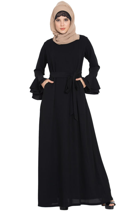 Black abaya dress with double layers of bell sleeves