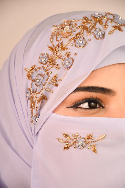 Lavender luxury bridal wedding wear hijab scarf with handwork naqab