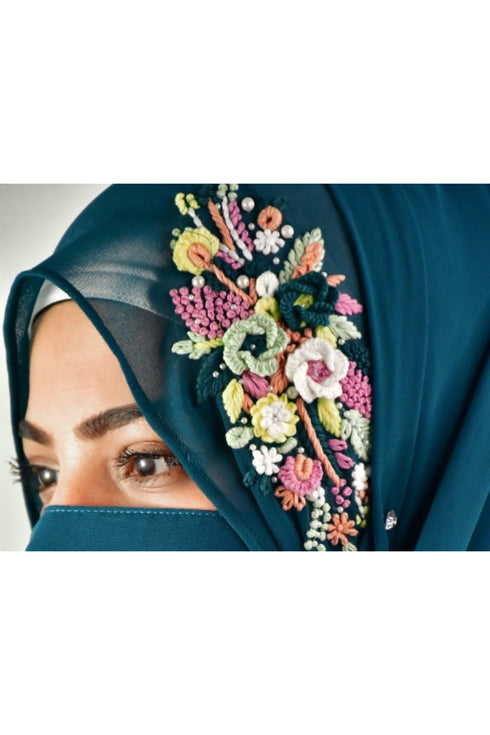 teal threadwork partywear| wedding| bridal handwork hijab with naqab