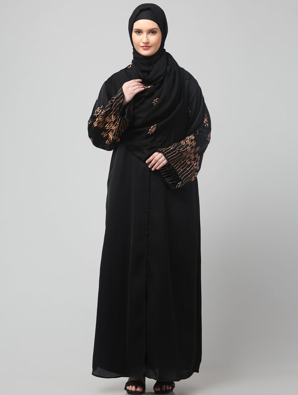 sleeve and hijab rose embroidered front open nida abaya