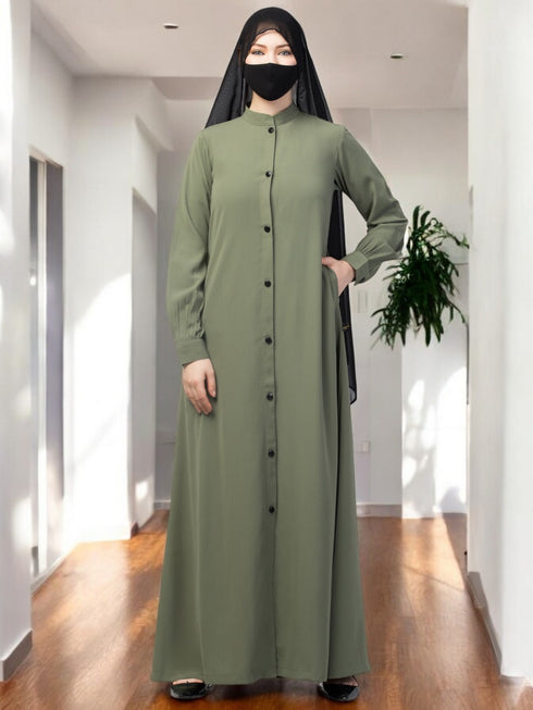 Olive front open abaya with side pockets