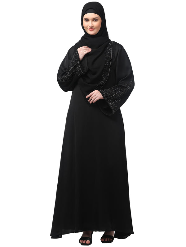 sleeves and hijab silver hand embroidred a line abaya