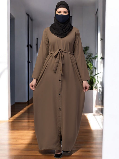 khaki front open abaya with matching belt