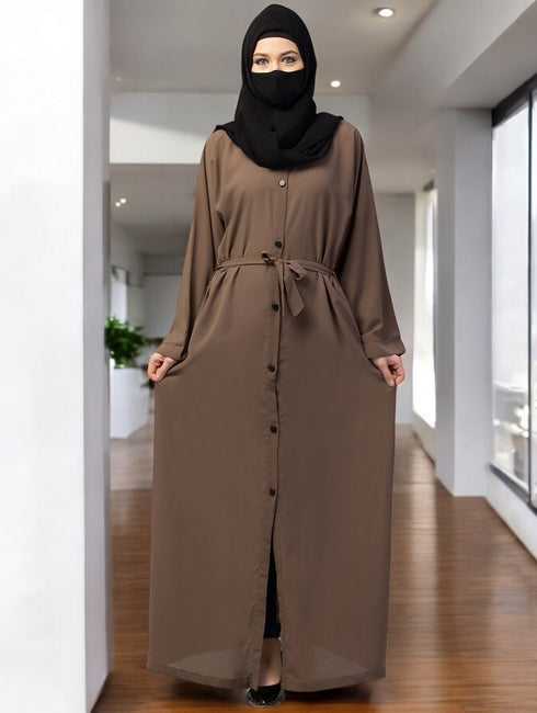 Khaki front open abaya with kimono sleeves & belt