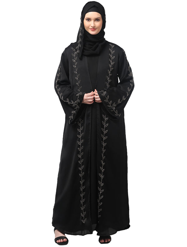 both front shoulder to bottom , sleeves and hijab hand embroidered with inner cardigan style abaya with hijab