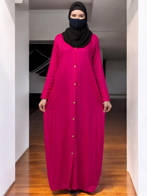 Magenta elegant front open abaya dress with wooden button
