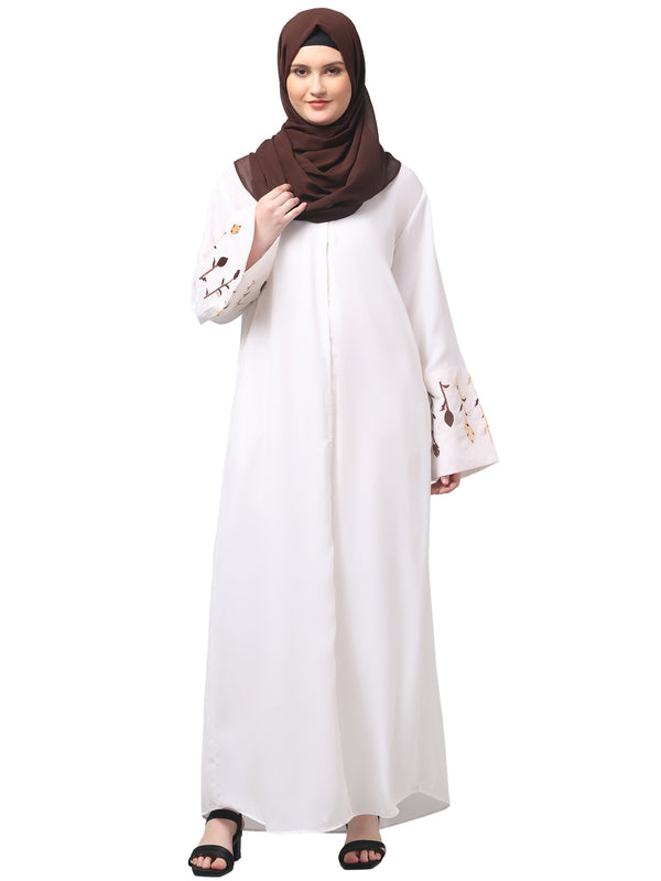 embroidery at sleeve 2 side pocket front open abaya