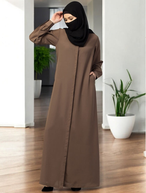 Khaki front open abaya with cuff & placket