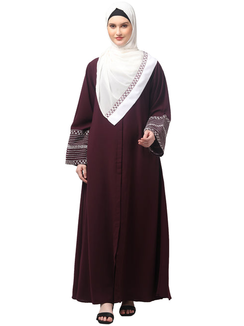 sleeves and hijab flowers and lines embroidry front open abaya