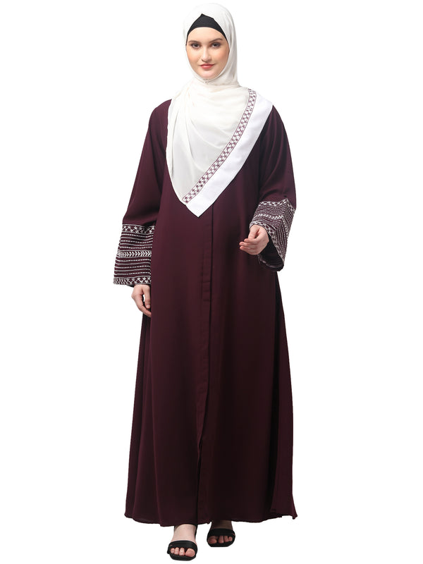sleeves and hijab flowers and lines embroidry front open abaya