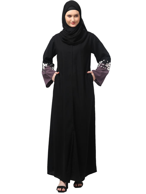 embrodery and conytrast 2 side pocket sleeves front open abaya